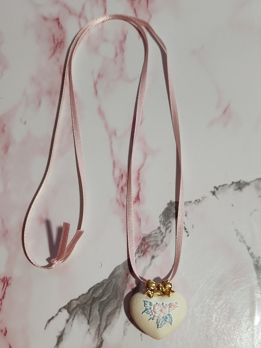 Pink Ribbon Heart Pendant Necklace with Floral Motif
